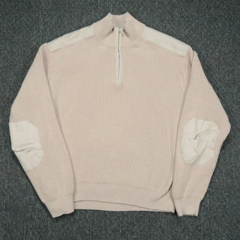 Orvis Sweater Mens‎ XL Beige Tan Pullover Quarter Zip Knit Shoulder Elbow Patch